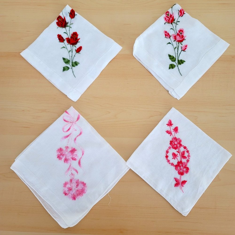 Vintage Pink and Red Rose Spring Spray Embroidered Cotton Handkerchief Set of 4